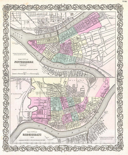 Historic Map : Colton Plan or Map of Pittsburgh, Pennsylvania and Cincinnati, Ohio, 1855, Vintage Wall Art
