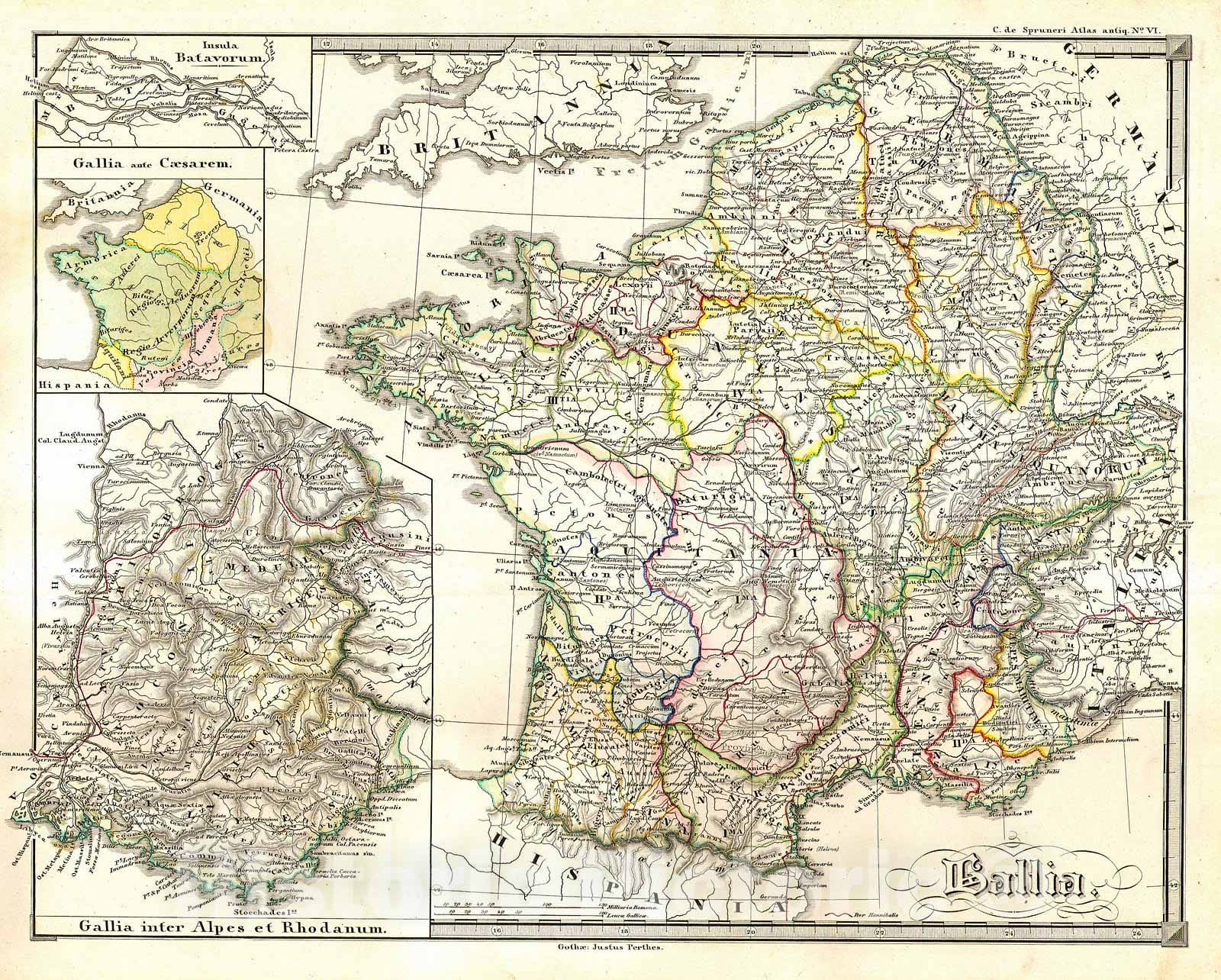 Historic Map : Spruneri Map of France, Gaul, Gallia in Ancient Times, 1855, Vintage Wall Art