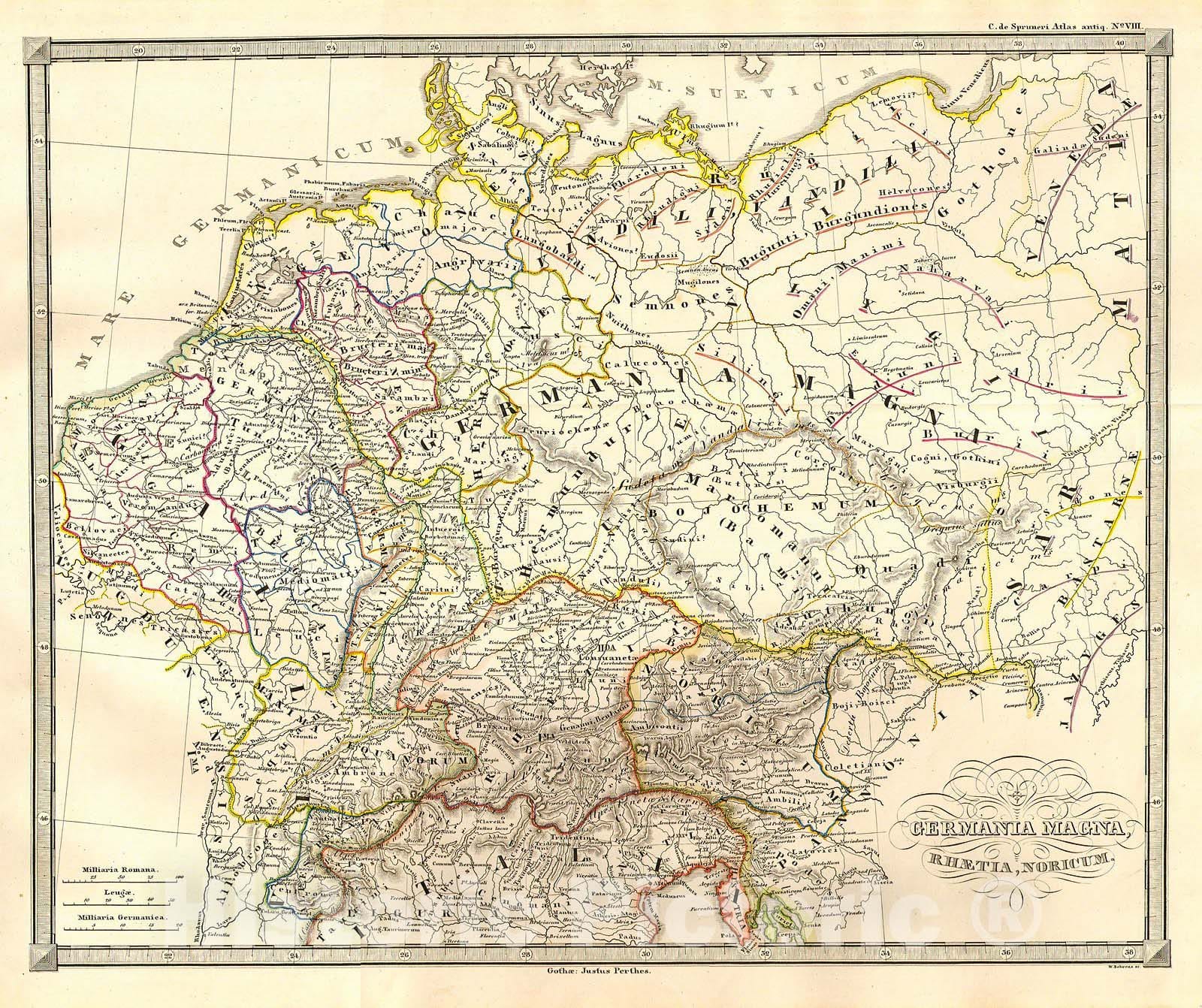 Historic Map : Spruneri Map of Germany or Germania Magna in Ancient Times , 1855, Vintage Wall Art