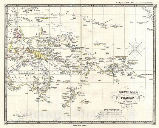 Historic Map : Spruner Map of Australia and Polynesia with an Overview of Discoveries and Colonization , 1855, Vintage Wall Art