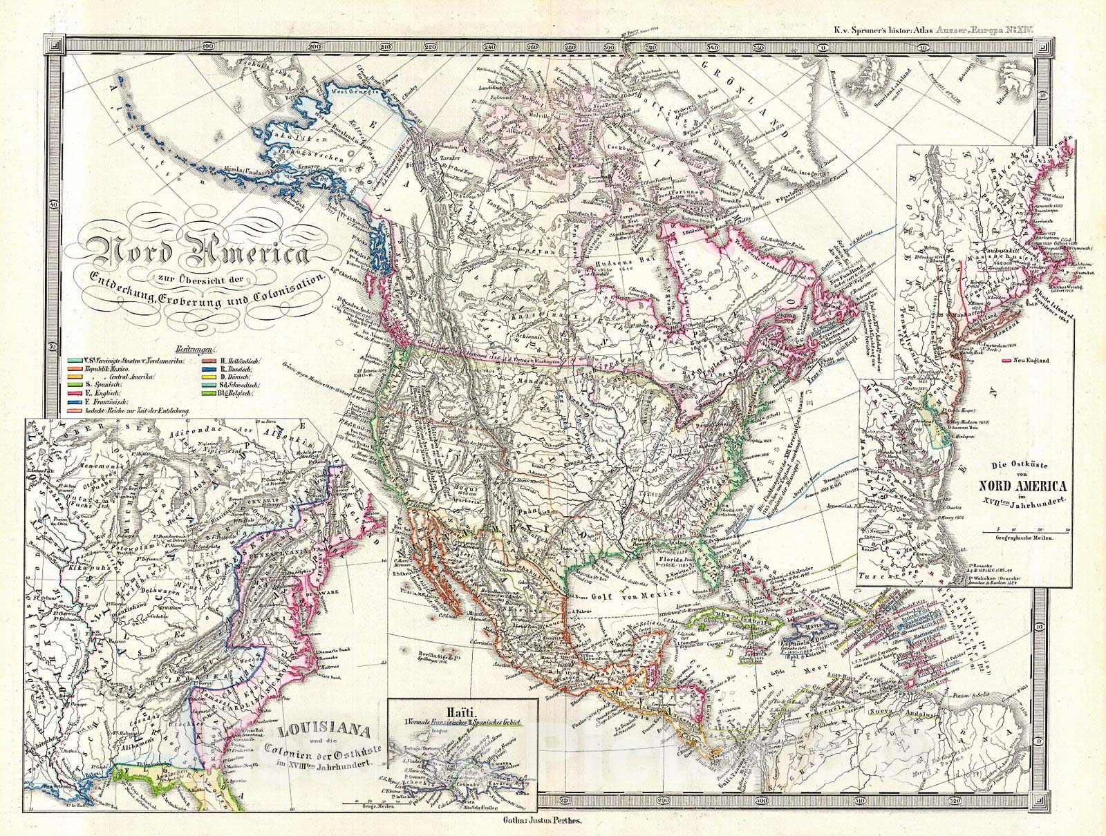 Historic Map : Spruner Map of North America, Overview of Discovery, Conquest and Colonization, 1855, Vintage Wall Art