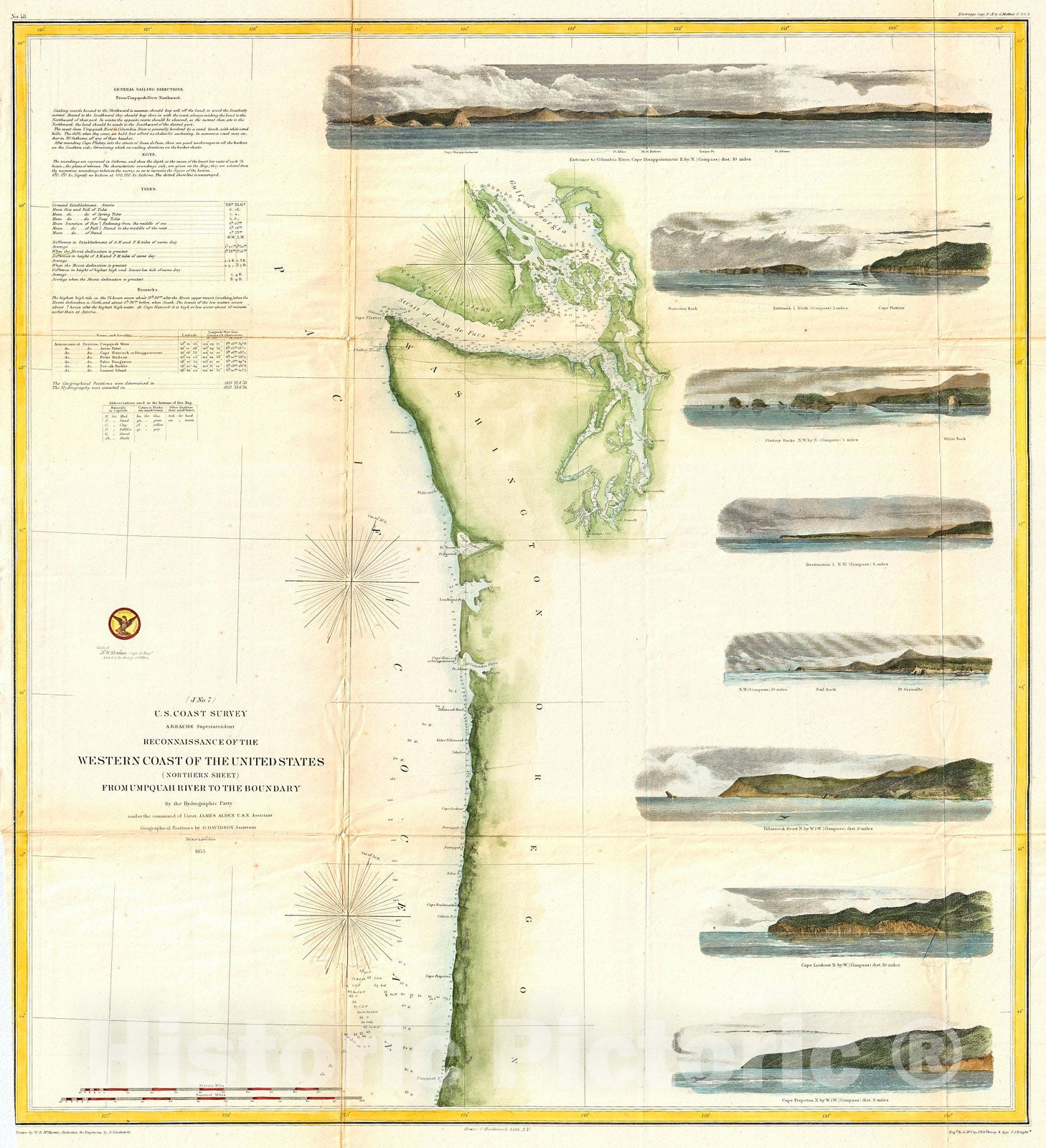 Historic Map : U.S.C.S. Map or Chart of Washington anArtegon , 1855, Vintage Wall Art