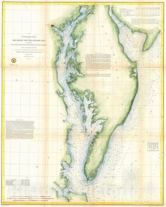 Historic Map : U.S. Coast Survey Chart or Map of Chesapeake Bay and Delaware Bay, 1855, Vintage Wall Art