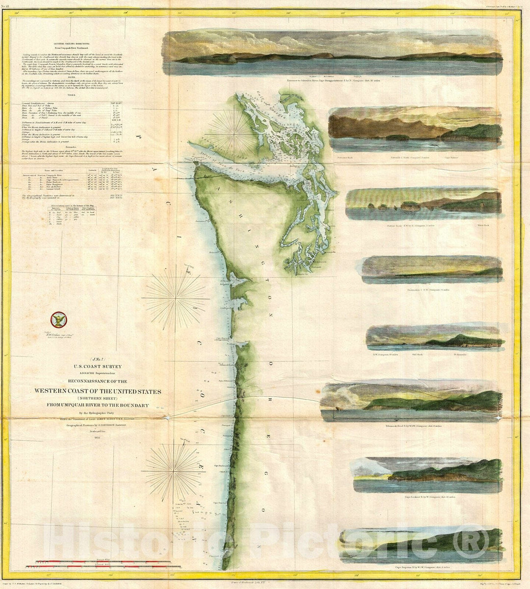 Historic Map : U.S. Coast Survey Chart or Map of Washington anArtegon , 1855, Vintage Wall Art