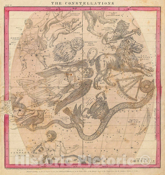 Historic Map : Burritt, Huntington Map of The Constellations or Stars in June, May and April , 1856, Vintage Wall Art