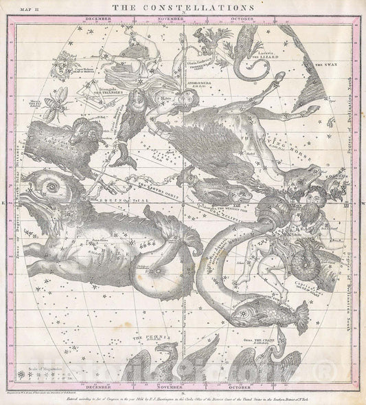 Historic Map : Burritt, Huntington Map of The Constellations or Stars in October, November and December , 1856, Vintage Wall Art