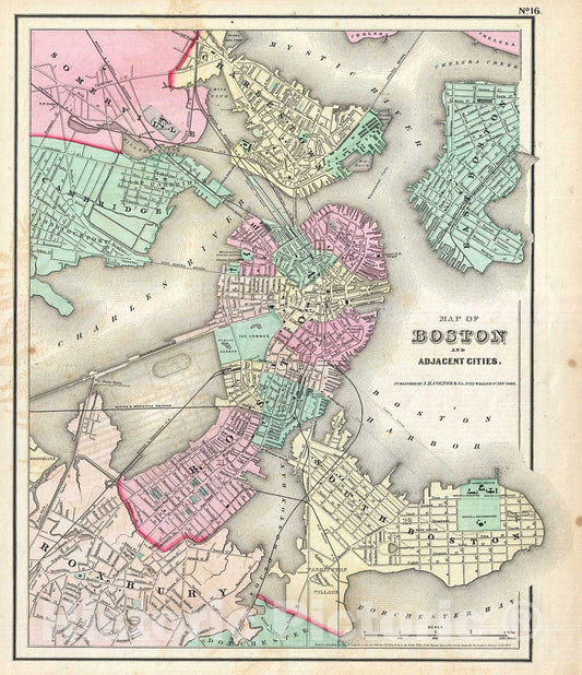 Historic Map : Colton Map of Boston, Massachusetts , 1857, Vintage Wall Art