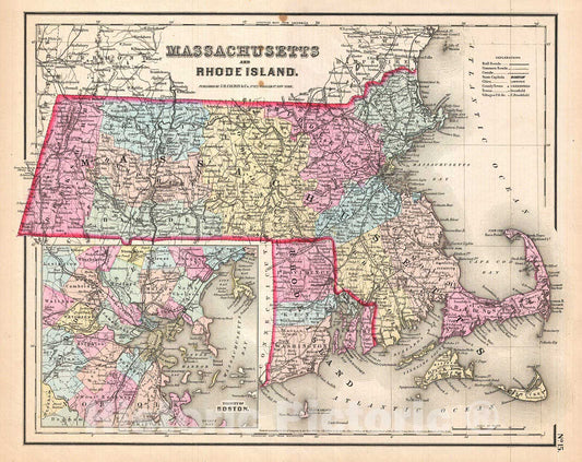 Historic Map : Colton Map of Massachusetts and Rhode Island, Version 2, 1857, Vintage Wall Art