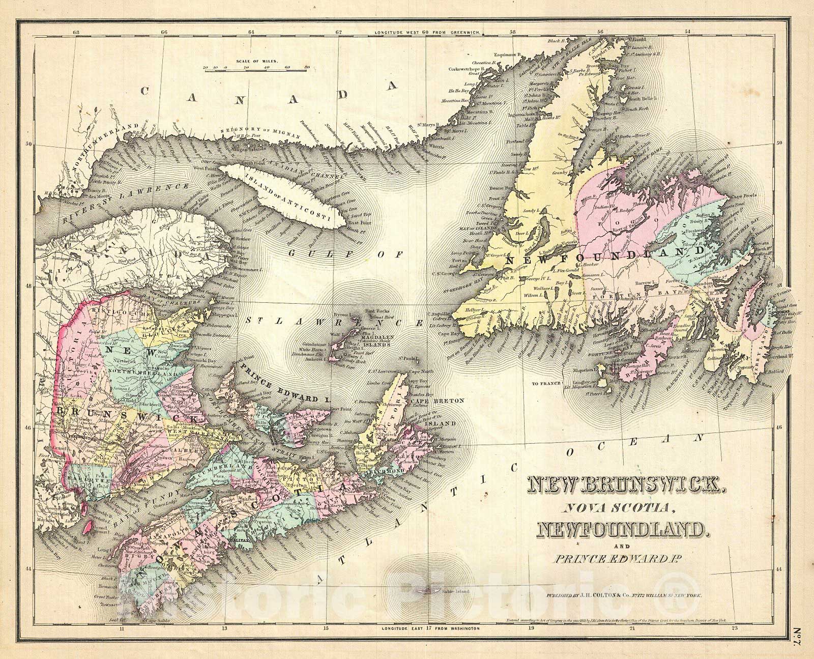 Historic Map : Colton Map of New Brunswick and Newfoundland, Canada , 1857, Vintage Wall Art