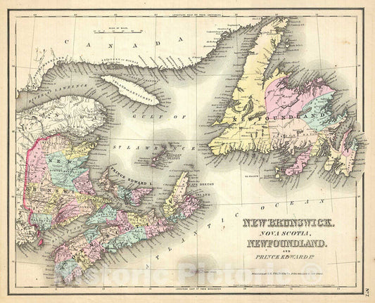 Historic Map : Colton Map of New Brunswick and Newfoundland, Canada , 1857, Vintage Wall Art
