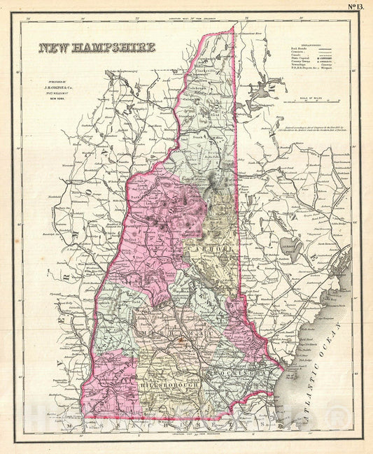 Historic Map : Colton Map of New Hampshire, Version 2, 1857, Vintage Wall Art
