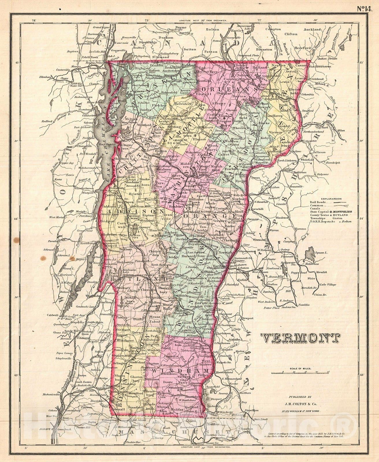 Historic Map : Colton Map of Vermont, Version 2, 1857, Vintage Wall Art