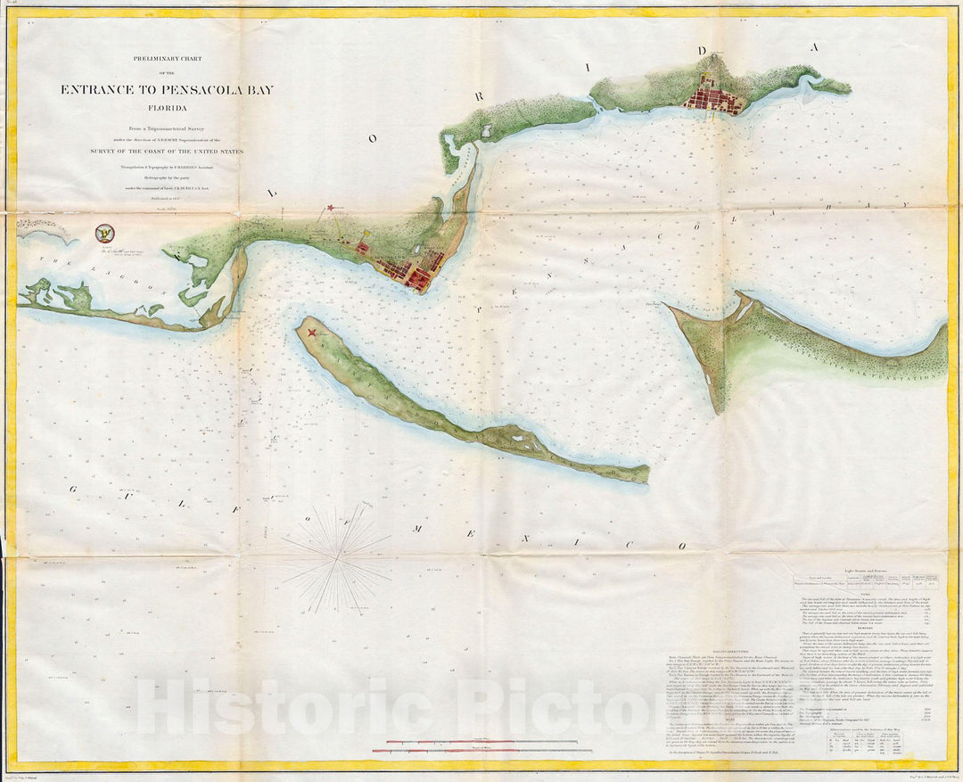 Historic Map : U.S.C.S. Map or Chart of Penascola Bay and Harbor, Florida , 1857, Vintage Wall Art