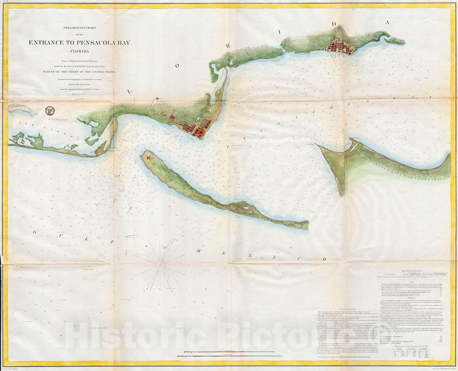 Historic Map : U.S.C.S. Map or Chart of Penascola Bay and Harbor, Florida , 1857, Vintage Wall Art