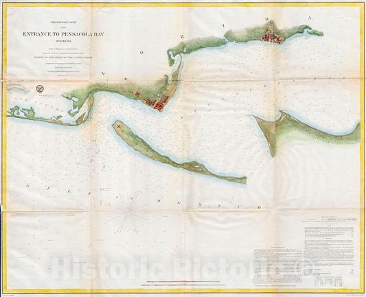 Historic Map : U.S.C.S. Map or Chart of Penascola Bay and Harbor, Florida , 1857, Vintage Wall Art