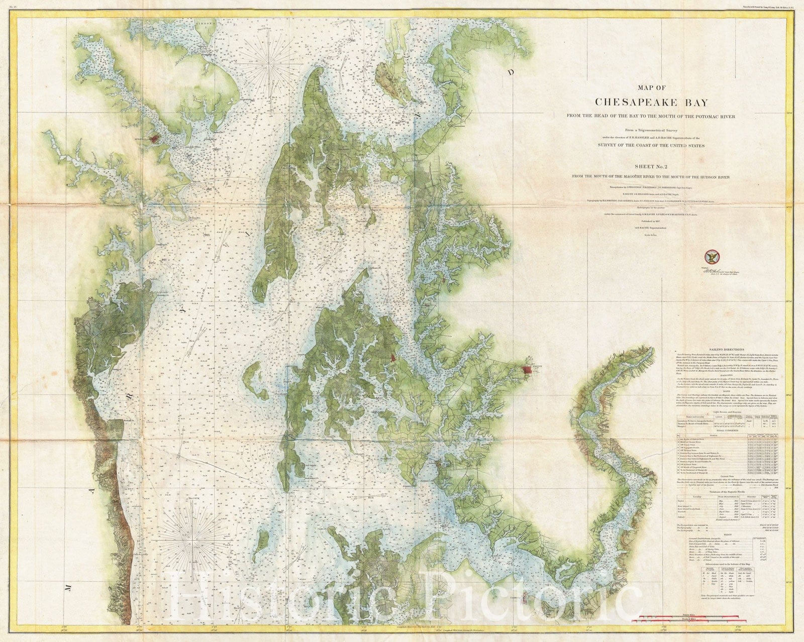 Historic Map : U.S. Coast Survey Chart or Map of The Chesapeake Bay , 1857, Vintage Wall Art