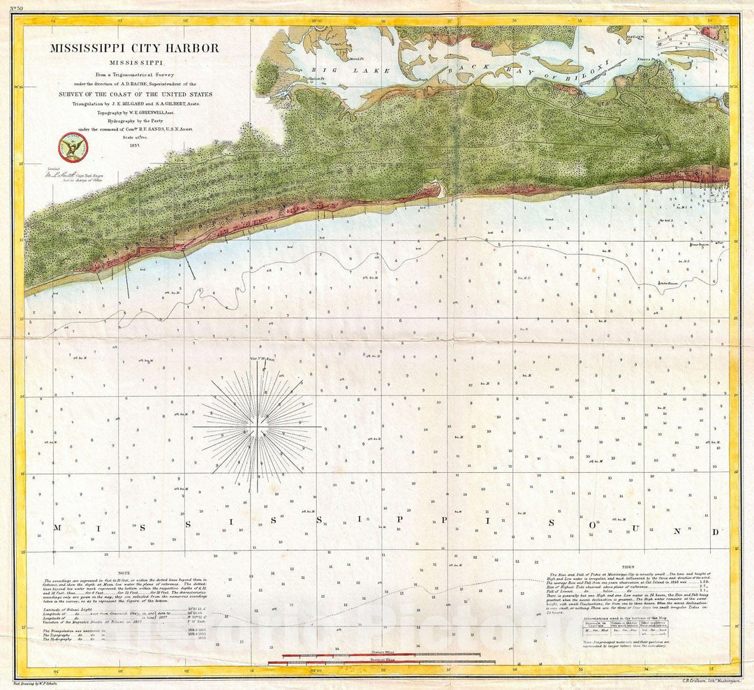 Historic Map : U.S. Coast Survey Map or Chart of Mississippi City Harbor, Mississippi, 1857, Vintage Wall Art