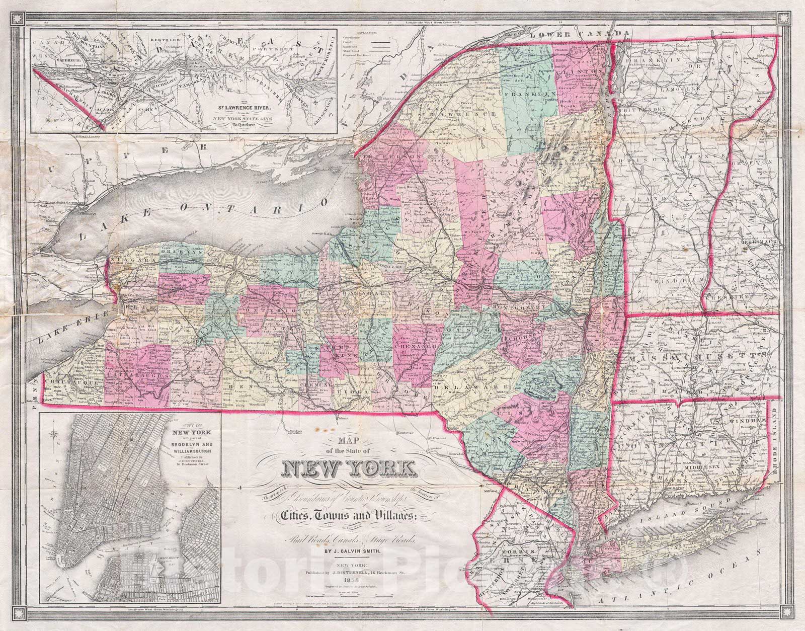 Historic Map : Smith, Disturnell Pocket Map of New York, 1858, Vintage Wall Art