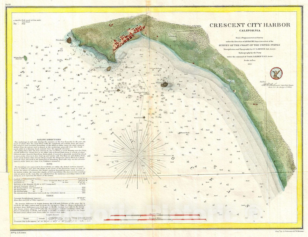 Historic Map : U.S. Coast Survey Map or Nautical Chart of Crescent City, California, 1859, Vintage Wall Art