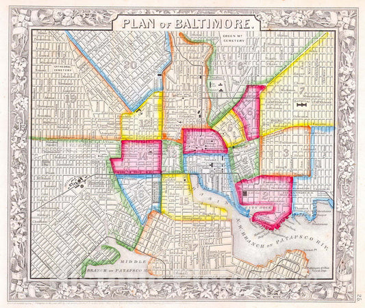 Historic Map : Mitchell Map of Baltimore , 1860, Vintage Wall Art