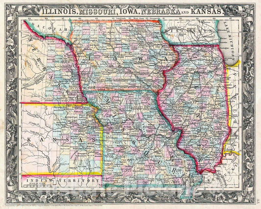 Historic Map : Mitchell Map of Iowa, Missouri, Illinois, Nebraska and Kansas , 1860, Vintage Wall Art