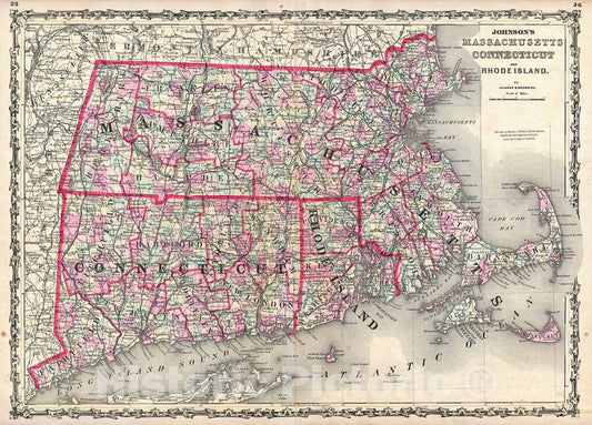 Historic Map : Johnson Map of Massachusetts, Connecticut and Rhode Island, 1861, Vintage Wall Art