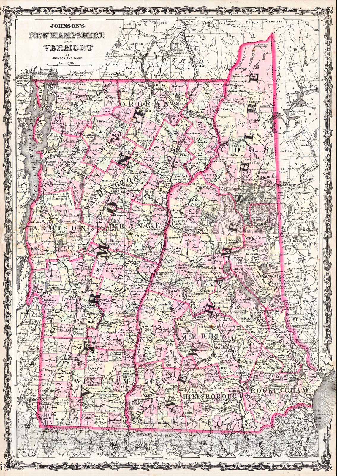 Historic Map : Johnson Map of Vermont and New Hampshire, 1861, Vintage Wall Art
