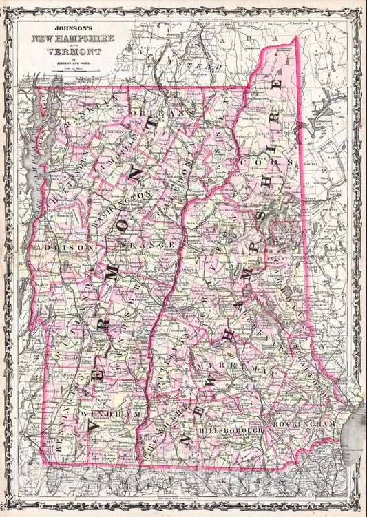 Historic Map : Johnson Map of Vermont and New Hampshire, 1861, Vintage Wall Art