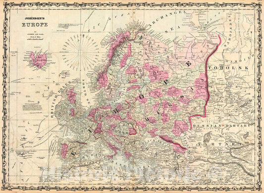 Historic Map : Johnson Map of Europe, 1862, Vintage Wall Art
