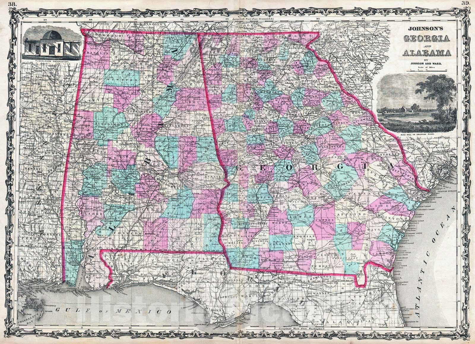 Historic Map : Johnson Map of Georgia and Alabama, 1862, Vintage Wall Art