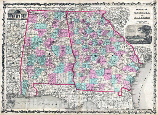 Historic Map : Johnson Map of Georgia and Alabama, 1862, Vintage Wall Art
