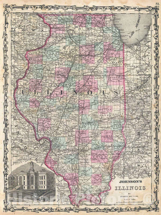 Historic Map : Johnson Map of Illinois , 1862, Vintage Wall Art