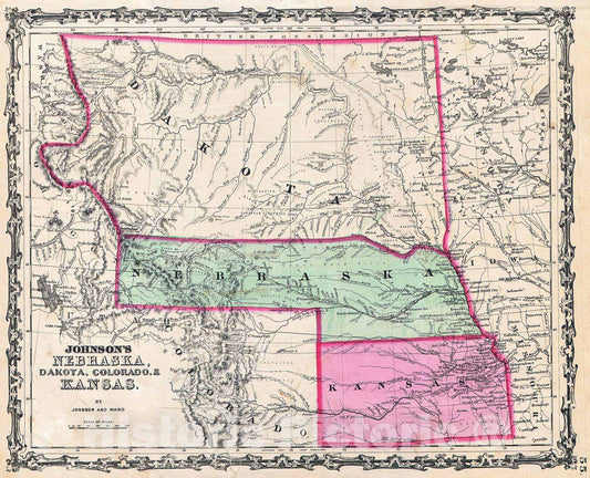 Historic Map : Johnson Map of Kansas, Nebraska and Dakota , 1862, Vintage Wall Art