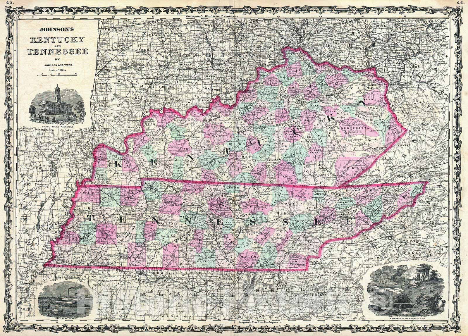 Historic Map : Johnson Map of Kentucky and Tennessee, 1862, Vintage Wall Art