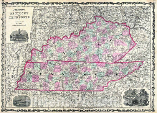 Historic Map : Johnson Map of Kentucky and Tennessee, 1862, Vintage Wall Art
