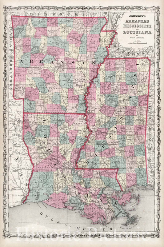 Historic Map : Johnson Map of Louisiana, Mississippi and Arkansas, 1862, Vintage Wall Art