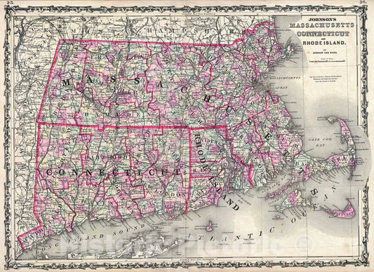 Historic Map : Johnson Map of Massachusetts, Connecticut and Rhode Island, Version 2, 1862, Vintage Wall Art