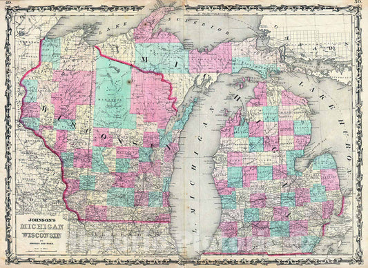 Historic Map : Johnson Map of Michigan and Wisconsin, 1862, Vintage Wall Art