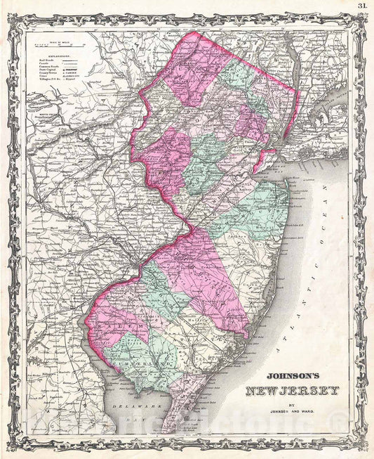 Historic Map : Johnson Map of New Jersey, 1862, Vintage Wall Art