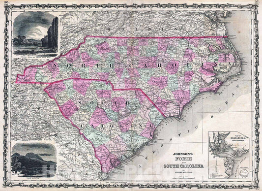 Historic Map : Johnson Map of North Carolina and South Carolina, 1862, Vintage Wall Art