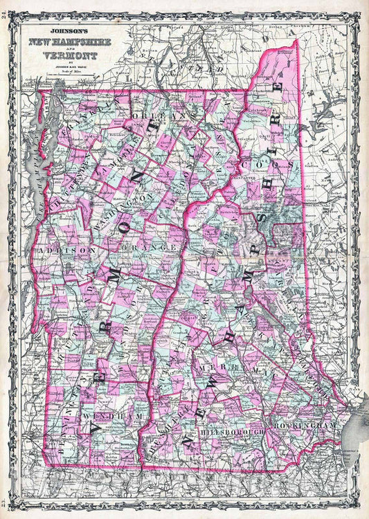 Historic Map : Johnson Map of Vermont and New Hampshire, Version 2, 1862, Vintage Wall Art
