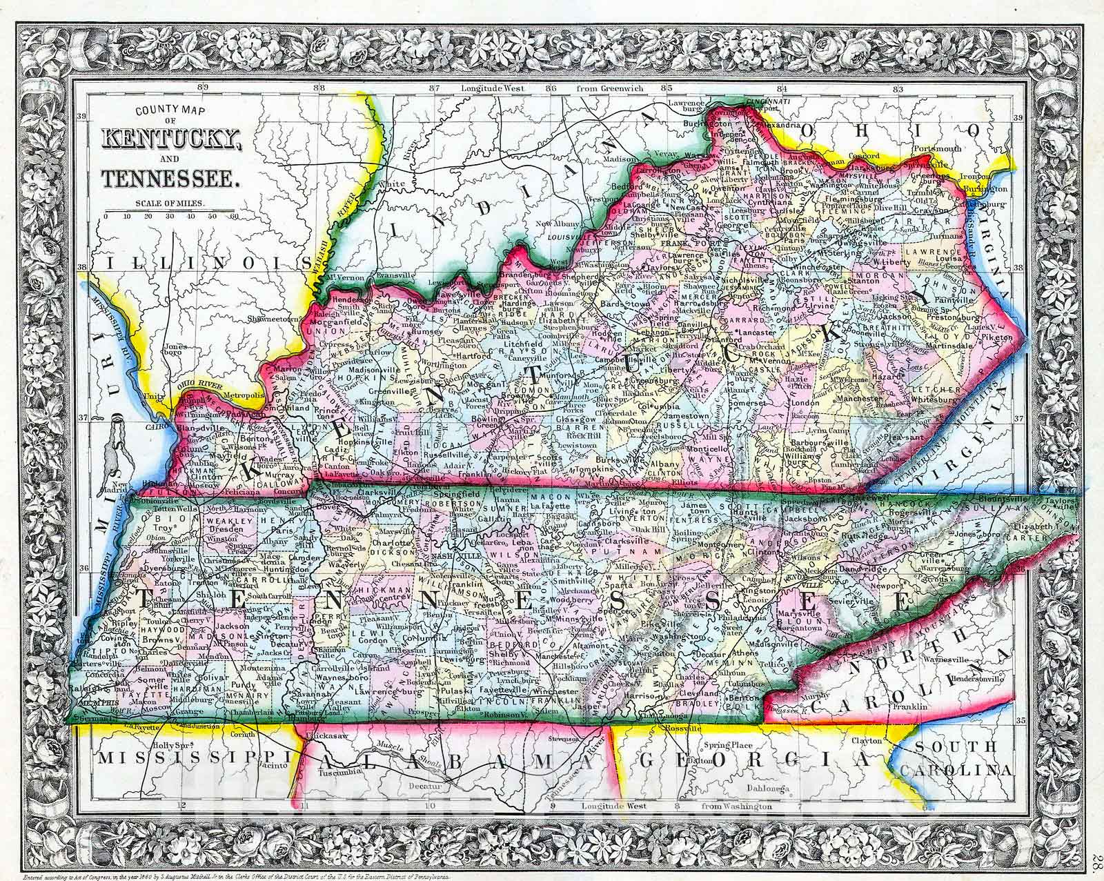 Historic Map : Mitchell Map of Kentucky and Tennessee , 1862, Vintage Wall Art