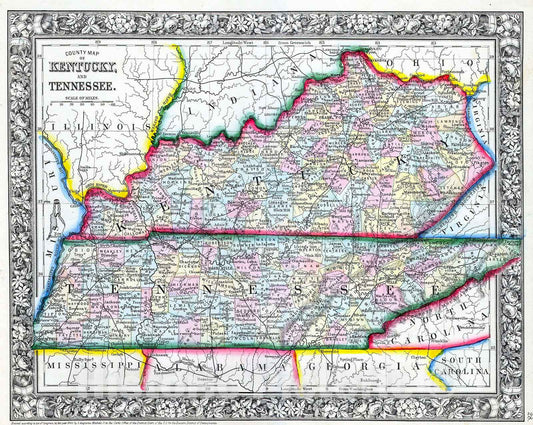 Historic Map : Mitchell Map of Kentucky and Tennessee , 1862, Vintage Wall Art