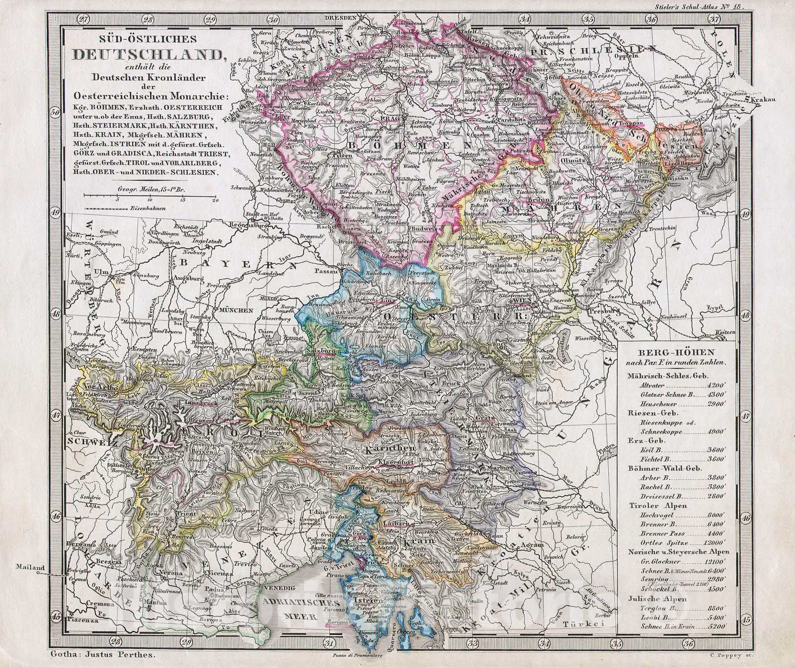Historic Map : Perthes Map of Bohemia and Austria, 1862, Vintage Wall Art