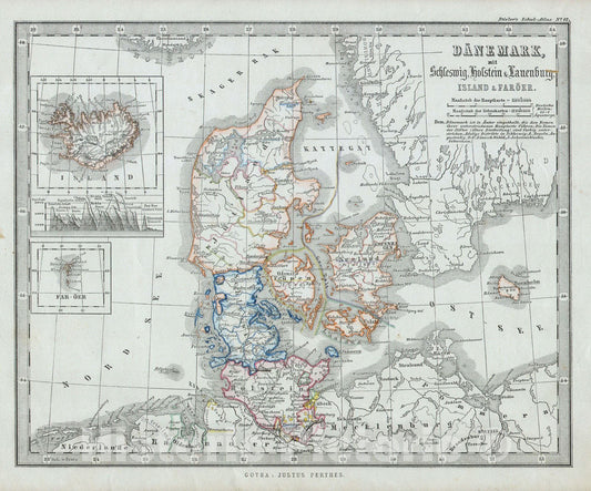 Historic Map : Stieler Map of Denmark , 1862, Vintage Wall Art