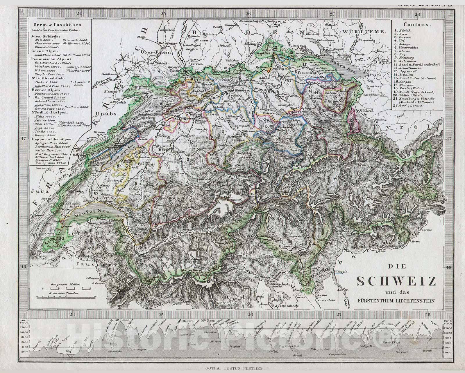 Historic Map : Stieler Map of Switzerland , 1862, Vintage Wall Art