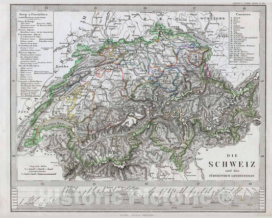 Historic Map : Stieler Map of Switzerland , 1862, Vintage Wall Art