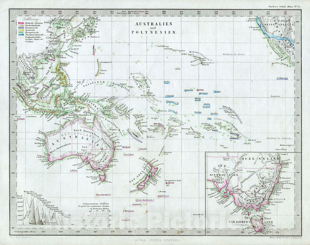 Historic Map : Stieler Map o Australia and Polynesia, 1862, Vintage Wall Art