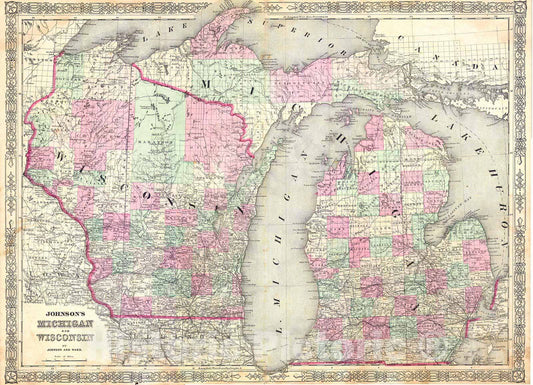 Historic Map : Johnson Map of Michigan and Wisconsin, Version 2, 1863, Vintage Wall Art