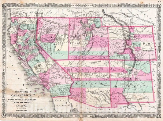 Historic Map : Johnson Map of California, Nevada, Utah, Arizona, New Mexico and Colorado, 1864, Vintage Wall Art